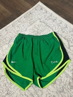 Nike Tempo Green Athletic Shorts with Neon Yellow Trim and Black Panels